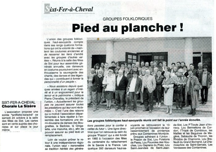 Article de journal sur le rassemblement des groupes folkloriques de Haute Savoie le 22 octobre 1998