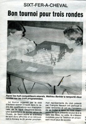 Article de journal sur un tournoi d'échec à Sixt le 18 décembre 1997