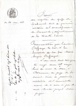 Extrait des registres du greffe du tribunal civil de Bonneville - 1882