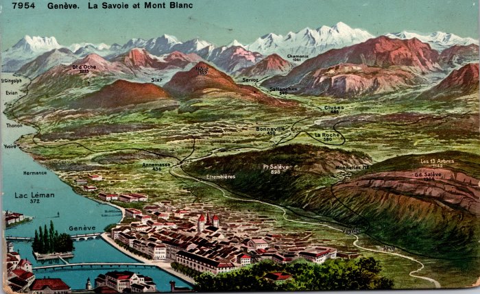 Carte géographique de Genève jusqu'au Mont Blanc