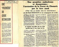 Article de journal sur l'ascension de la Corne de Chamois par la face de Nord de René DESMAISON et ses compagnons de cordée - 1970