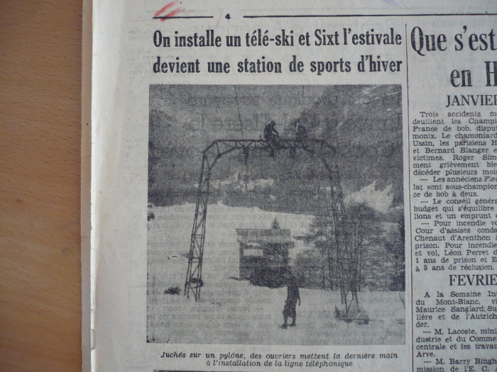 Article de journal sur l'installation du téléski de Sixt en 1950