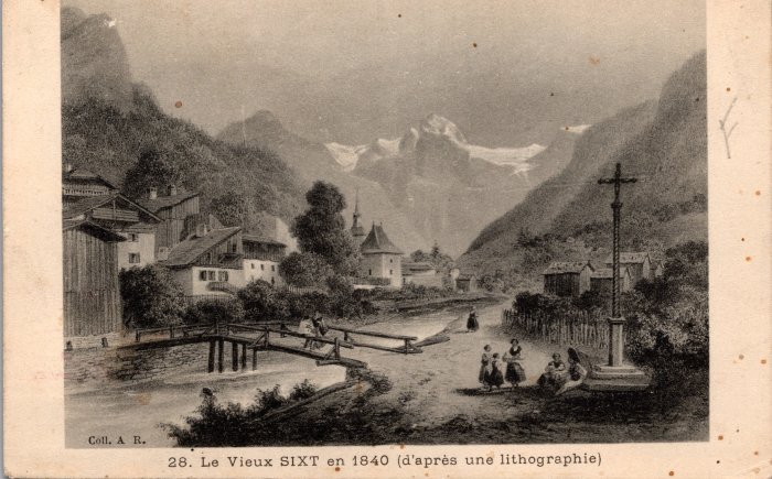 Carte postale représentant le Vieux Sixt en 1840 d'après une lithographie