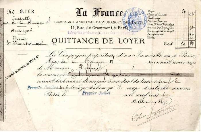 Quittance de loyer en 1906