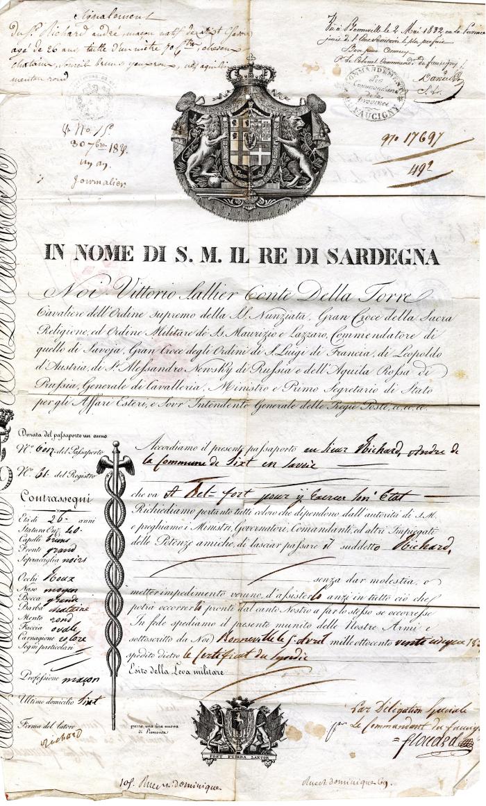Passeport et laissez-passer de André RICHARD en 1832