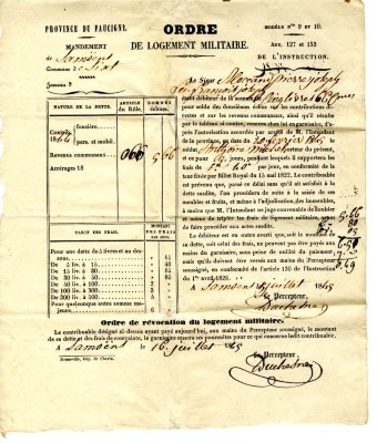 Ordre de logement militaire pour Pierre Joseph MOCCAND datant de 1849 