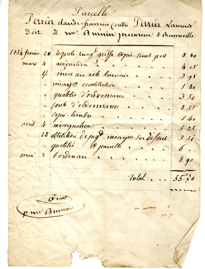 Notes d'honoraires - PERRIER Claude François contre PERRIER Laurent - 1854