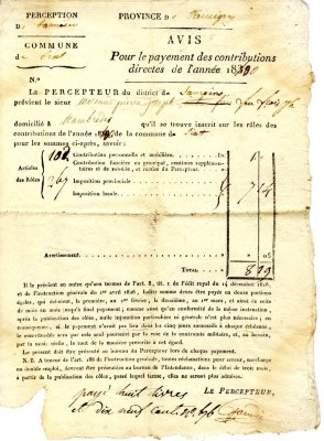 Avis pour le payement des contributions directes de l'année 1840